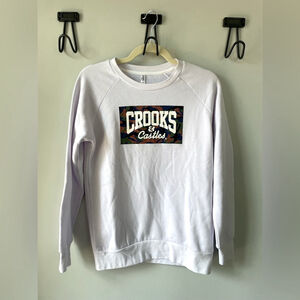 Crooks & Castles, small, white crewneck sweatshirt with camo logo, very soft EUC